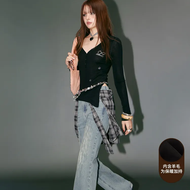 CHUU春季女装辣妹修身韩系穿搭星星烫钻设计甜酷风含羊毛T恤