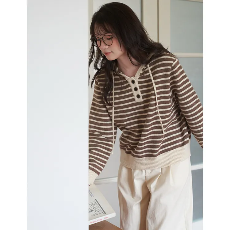 晒晒自制 连帽针织衫毛衣条纹女秋季2025新款长袖v领