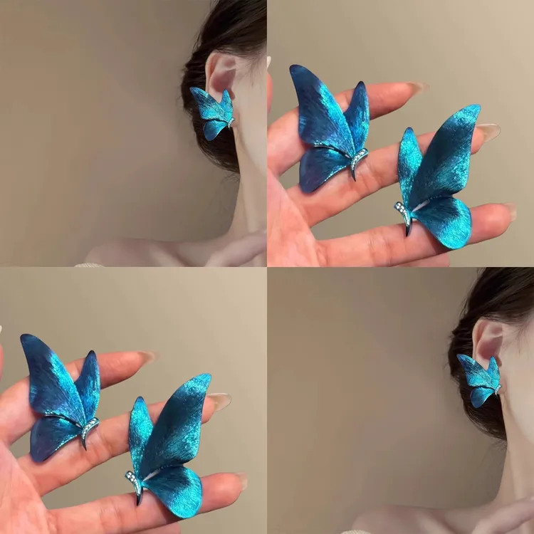 合金耳饰 森系超仙蝴蝶锆石耳钉高级感精致耳环渐变蓝冰耳饰品