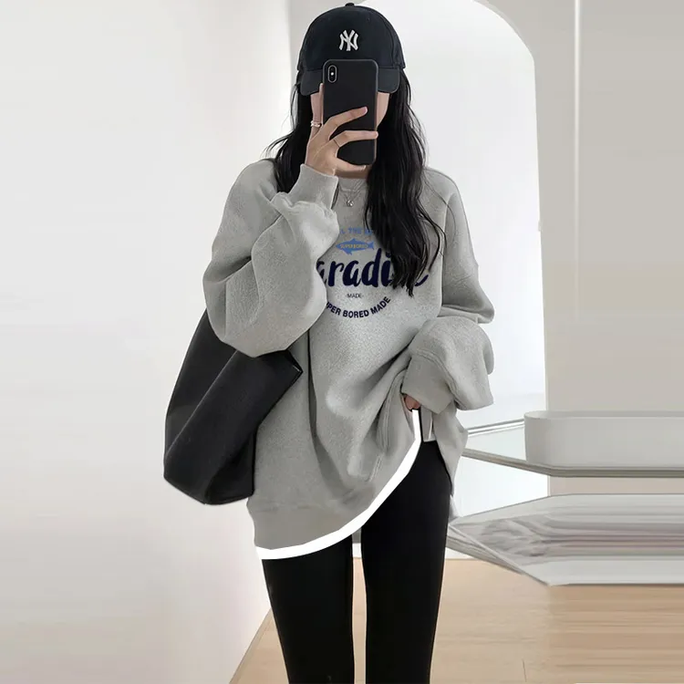oversize中长款假两件卫衣女2025秋冬新款灰色韩版显瘦遮臀上衣潮