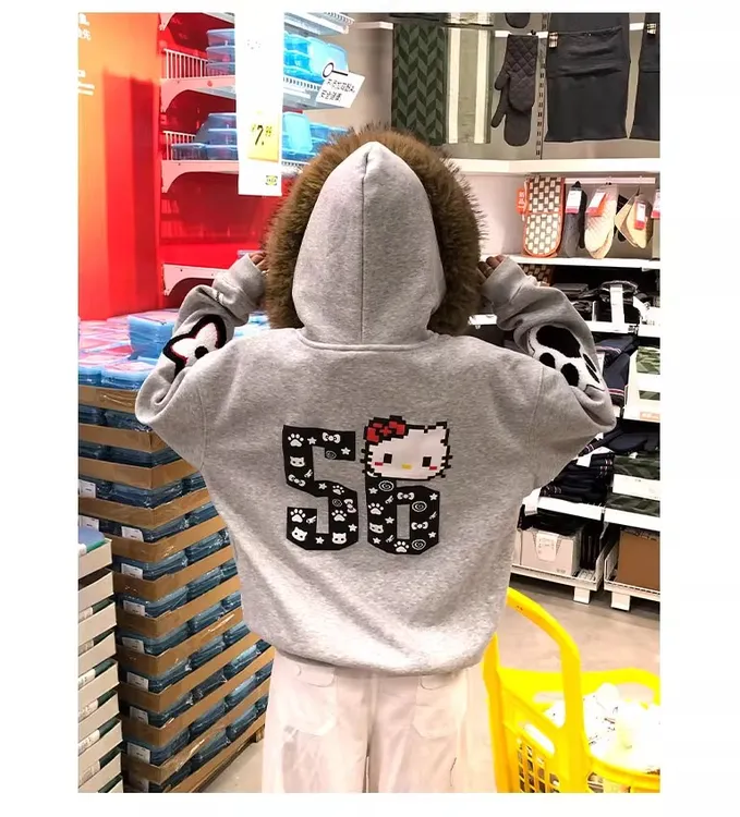 美式复古凯蒂猫毛领连帽灰色卫衣字母刺绣女秋冬宽松时尚显瘦外套