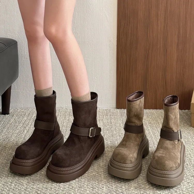 贾不假英伦风粗跟厚底短靴女2025新款秋冬百搭加绒瘦瘦靴洋气爆款