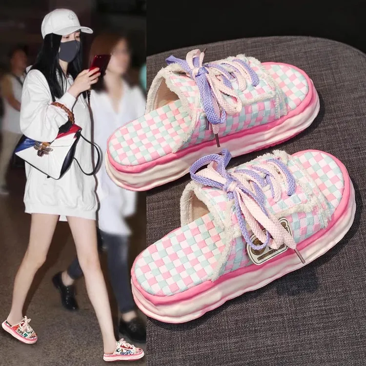 【万象撤柜】2025夏季新款网红爆款涂鸦拖鞋女休闲厚底增高一字凉拖