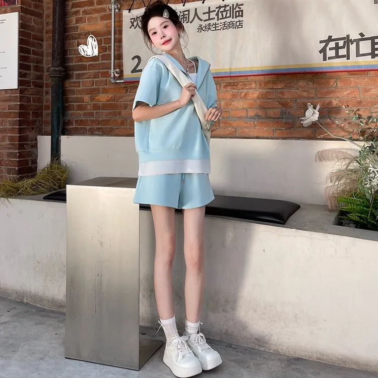 孕妇哺乳慵懒风假两件短袖上衣阔腿短裤套装女夏季新款两件套显瘦