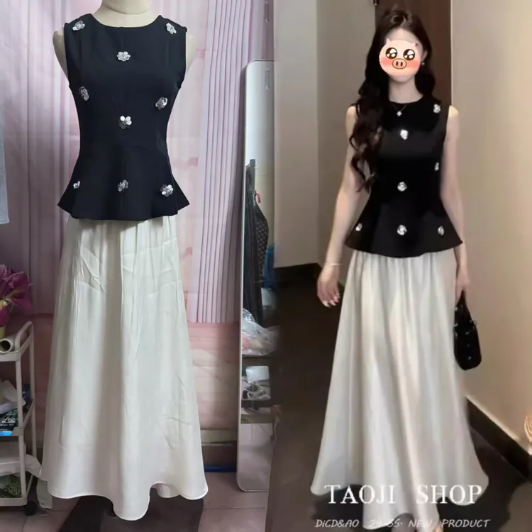 法式黑夜影花语春夏季新款无袖通勤黑色背心修身气质收腰半裙套装