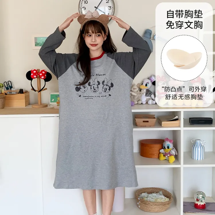 Disney/迪士尼秋季卡通纯棉长袖带胸垫睡裙休闲宽松家居服0150