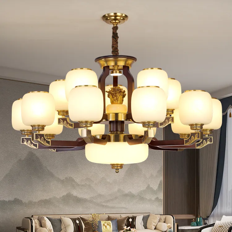 【财源广进】禅意新中式一体压铸实心铜+胡桃木弯臂吊灯7099