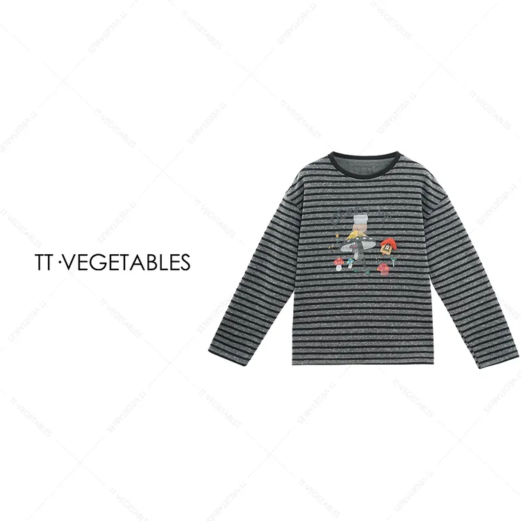 噢芬/小个子【苏绾】 棉柔长袖圆领卡通针织条纹打底衫522328