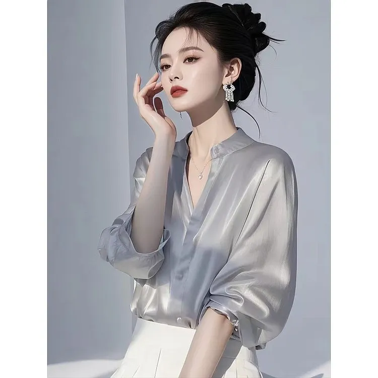 2025春季新款灰色衬衫女轻奢高级感减龄洋气独特漂亮法式气质上衣