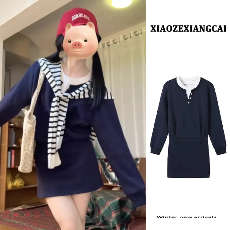 2025春季新款学院风假两件长袖连衣裙女设计感小众修身卫衣短裙子