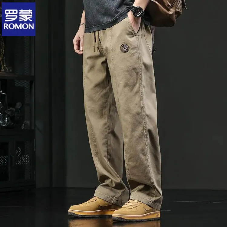 罗蒙美式拼接工装休闲裤男款春秋新款潮牌垂感直筒宽松大码长裤子