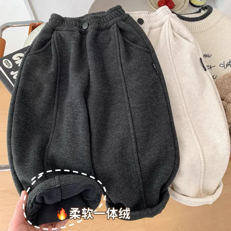 男童加绒柔软裤子秋冬装儿童人字纹英伦风休闲裤中小童一体绒长裤
