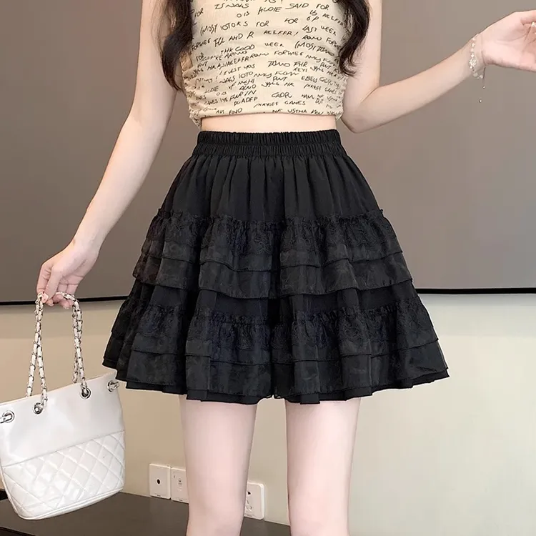 半身裙女夏季微胖MM网纱防走光蓬蓬裙大码高腰显瘦褶皱A字蛋糕裙