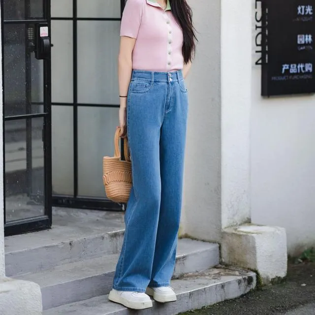 哥弟夏季薄款水洗直筒牛仔裤宽松休闲显瘦蓝色高腰女裤1100457