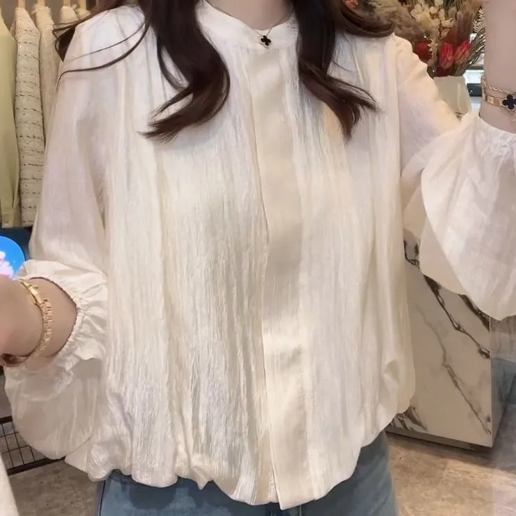 设计感纽扣纯色圆领衬衫女2025春季爆款洋气优雅风外穿长袖衬衣