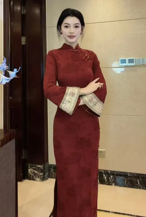 球球夫人丨今宵）125cm红色长袖订婚敬酒旗袍 中国风后拉链旗袍