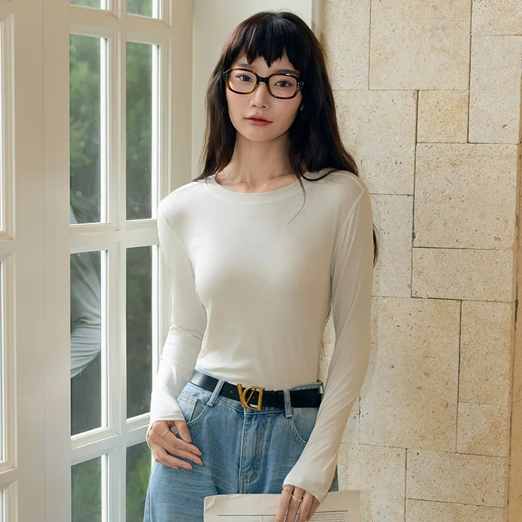 醉梓菡莱赛尔醋酸+绵羊毛圆领长袖t恤女秋冬新款打底衫百搭上衣潮