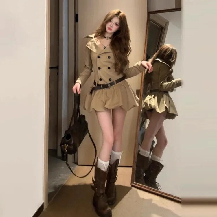 韩系学院风美拉德长袖连衣裙子女早秋季2025新款收腰a字花苞短裙