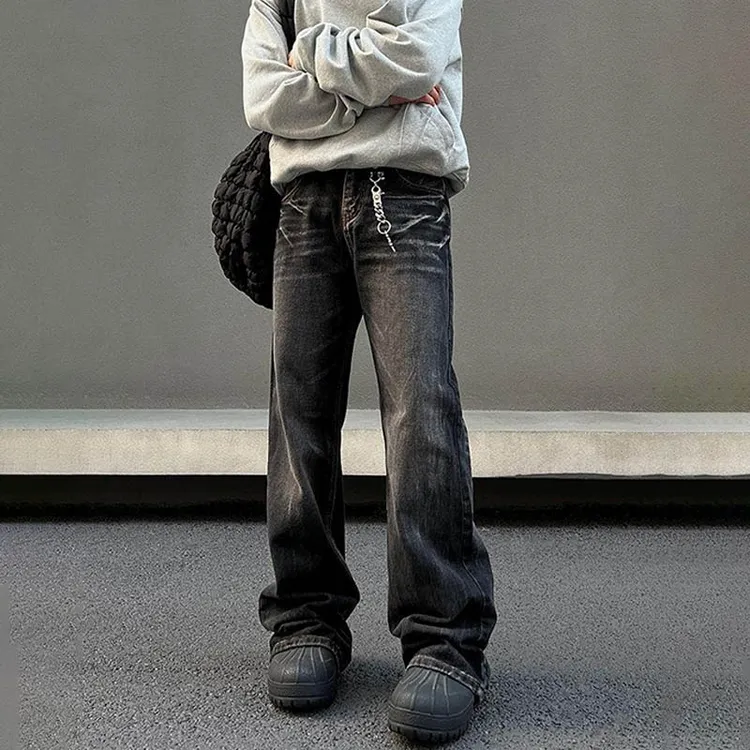港风潮男秋季新款2025个性字母牛仔裤嘻哈ins潮高街潮流痞帅长裤