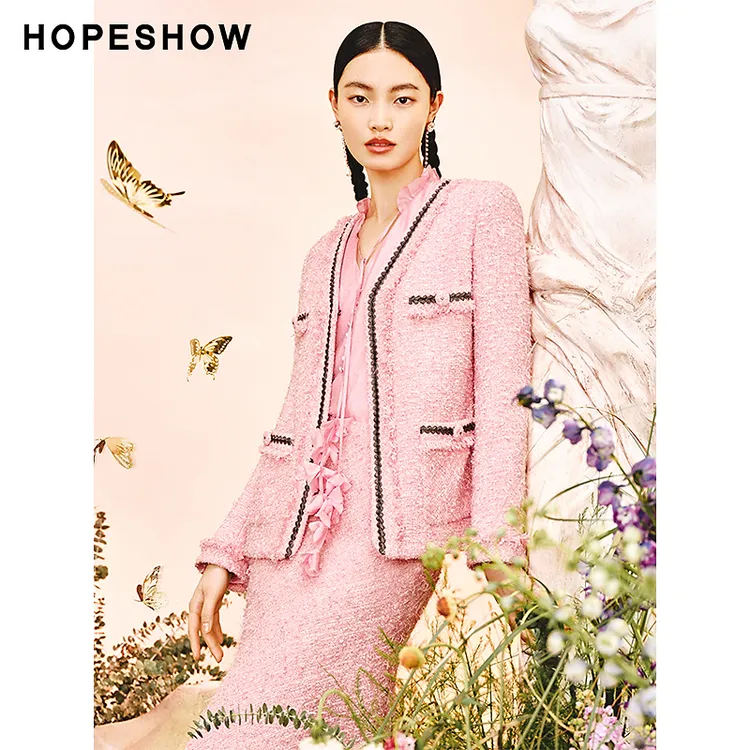 红袖春季2024秋冬新款女装香风拉毛边单排扣V领外套89224010401