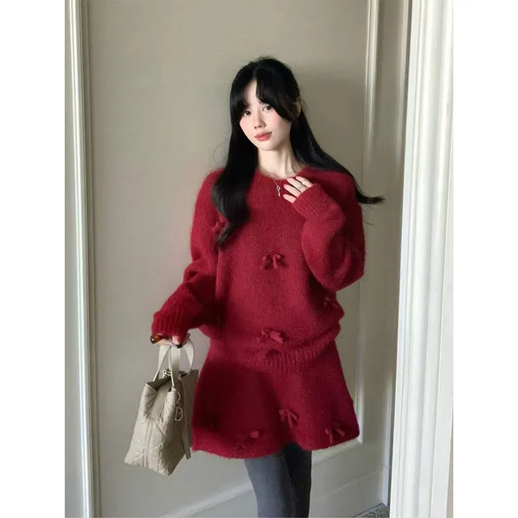 慵懒风通勤百搭蝴蝶结红色毛针织衫女冬季新款高腰休闲短裙两件套