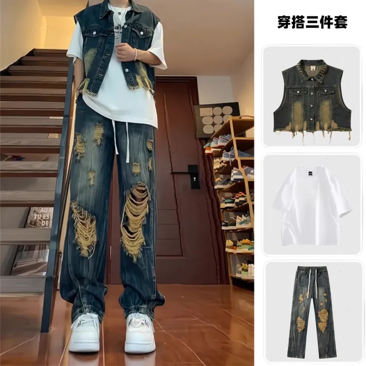 夏季男士牛仔马甲外套男套装美式潮牌无袖外套搭配破洞牛仔裤一套