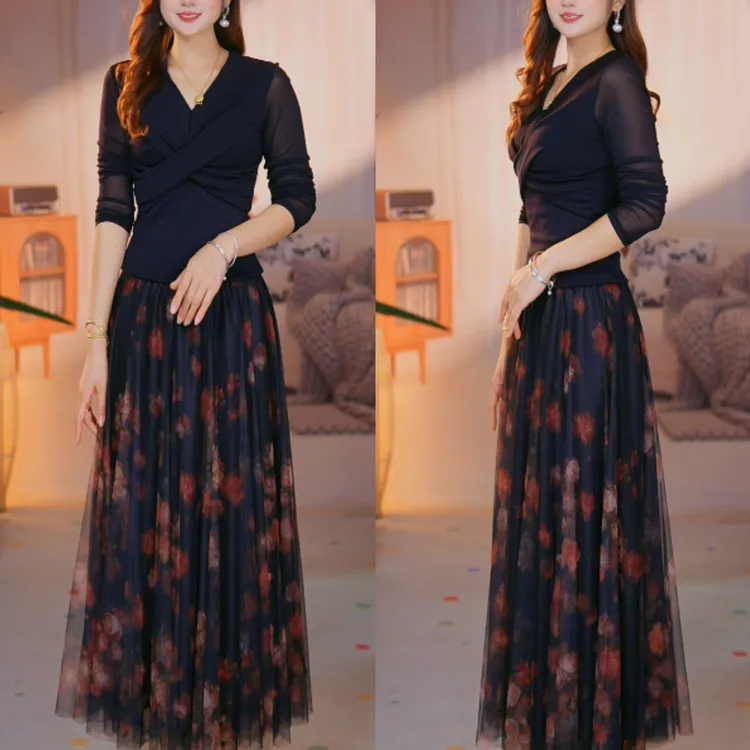 【两面穿】印花+烫钻星光裙秋季显瘦半身裙长款2025新款纱裙大摆a字