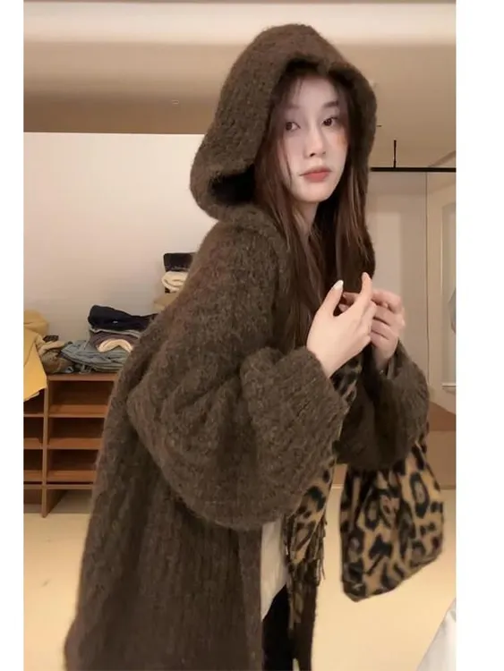 早秋超大帽子慵懒感毛衣开衫加厚中长款泡泡袖高级感纯色外套女