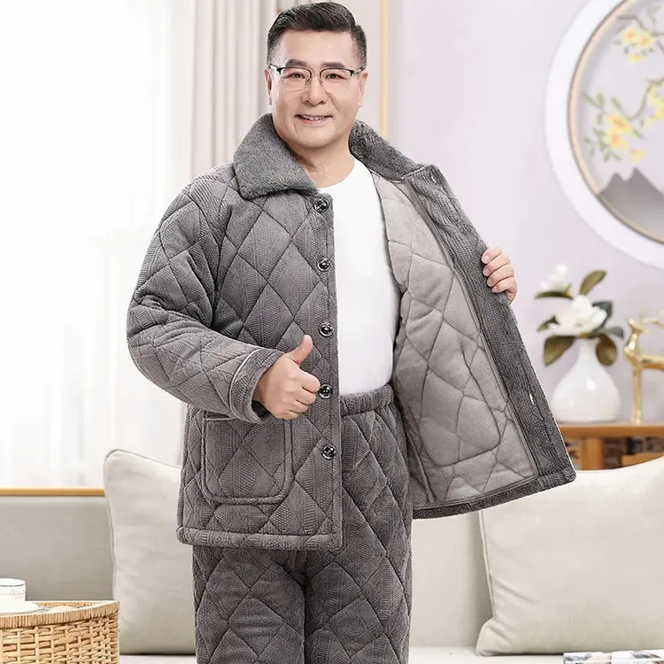 男士睡衣加厚加绒秋爸爸冬季三层夹棉保暖牛奶绒中老年家居服套装
