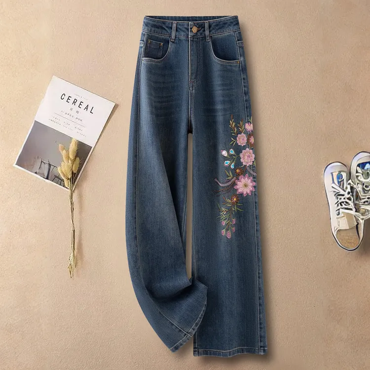 拉夏贝尔国风绣花窄版阔腿牛仔裤女秋季2025新款高腰垂感直筒裤