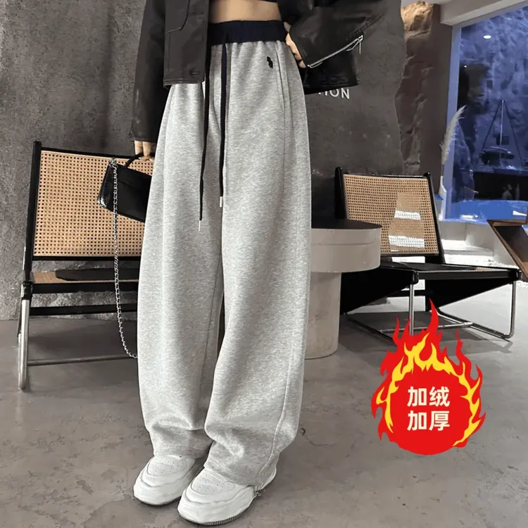 加绒刺绣小马拼色韩版新款女秋冬款弯刀裤加厚休闲卫裤显瘦阔腿裤