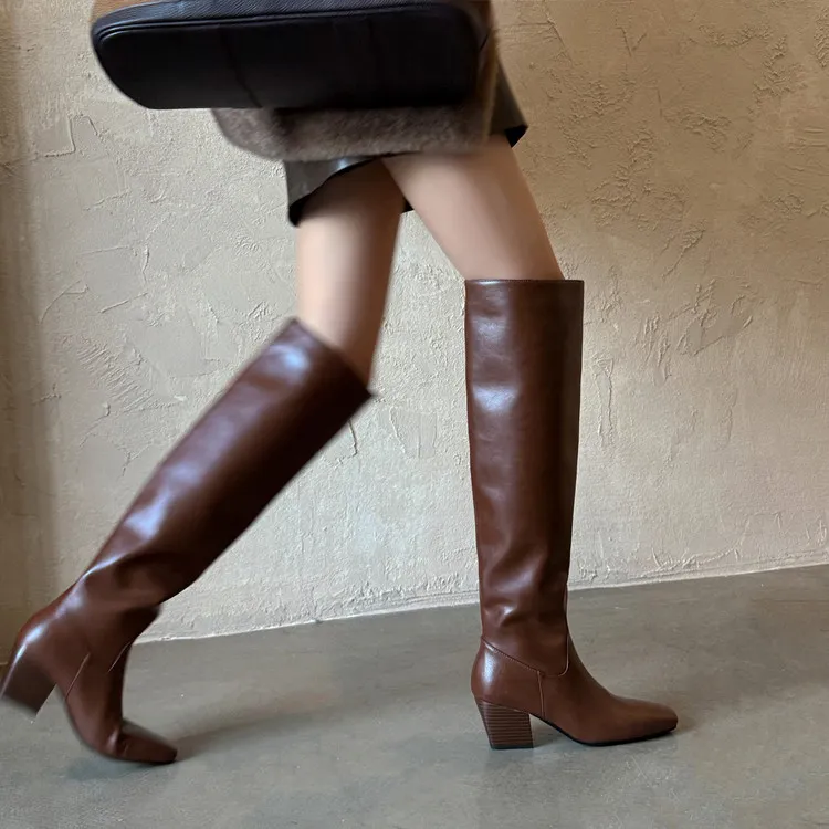 跟高6cm/34-39/秋冬新款全真皮时尚简约显腿长透气百搭高筒靴