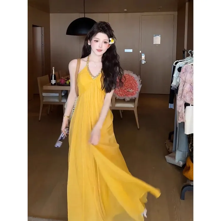夏季高级感无袖连衣裙海边度假黄色黑色紫色露肩纯色长裙