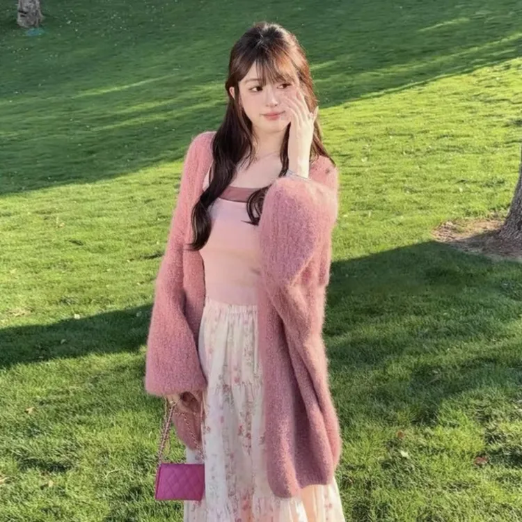 467-韩系氛围感中长款穿搭毛衣开衫女秋冬宽松慵懒风针织外套