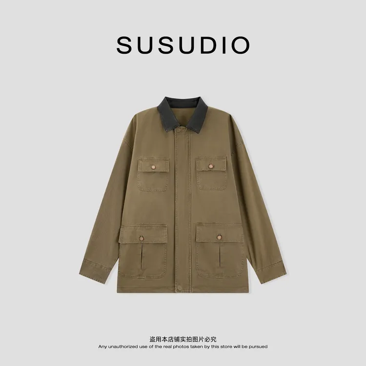 SUSUDIO 100棉巴恩风冬季格子撞色工装拼接皮领外套（夹棉款）70369