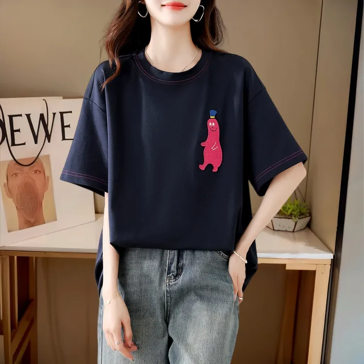 欧货棉质高级感薄款短袖t恤女夏新款宽松显瘦圆领遮臀打底衫上衣