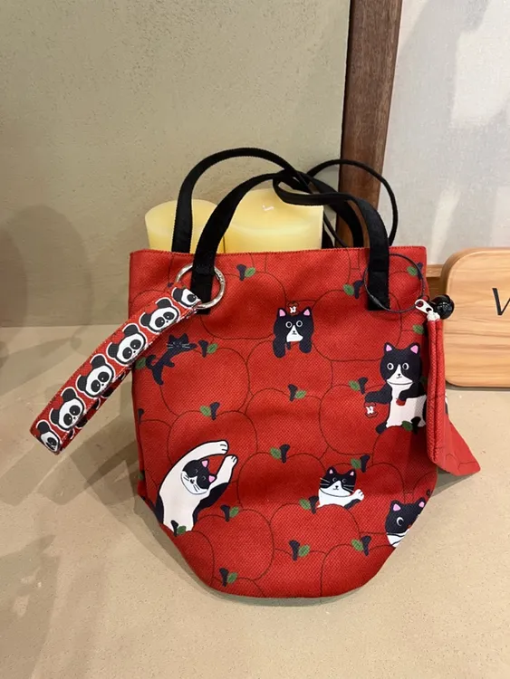 帆小包· 苹果小猫原创拼接牛仔风百搭单肩手拎斜挎水桶女士帆布包