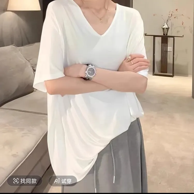 【影寇女装】极简垂感大领口宽松高级夏季五分袖短袖T恤打底