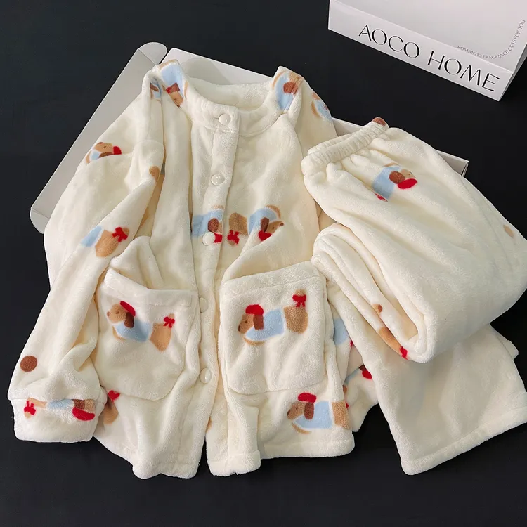 冬季加绒加厚卡通可爱睡衣女新款法兰绒保暖开衫珊瑚绒家居服套装