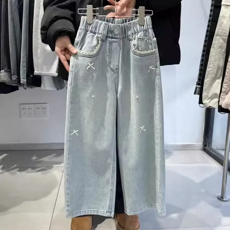 2025春夏女童长裤牛仔裤水洗时尚高腰裤子百搭直筒裤