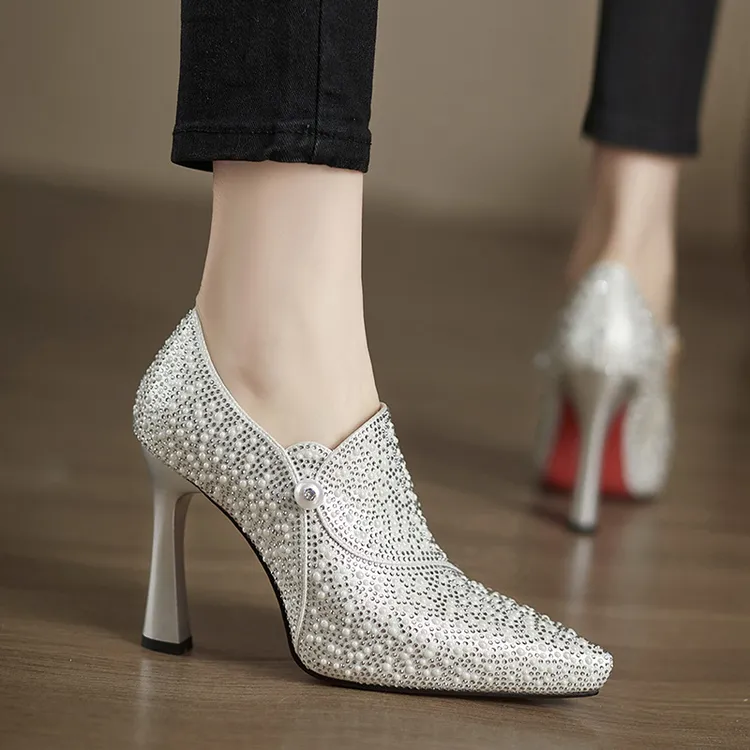 手工女鞋10cm~性感法式粗跟单鞋春季新款尖头不累脚防水台高跟鞋