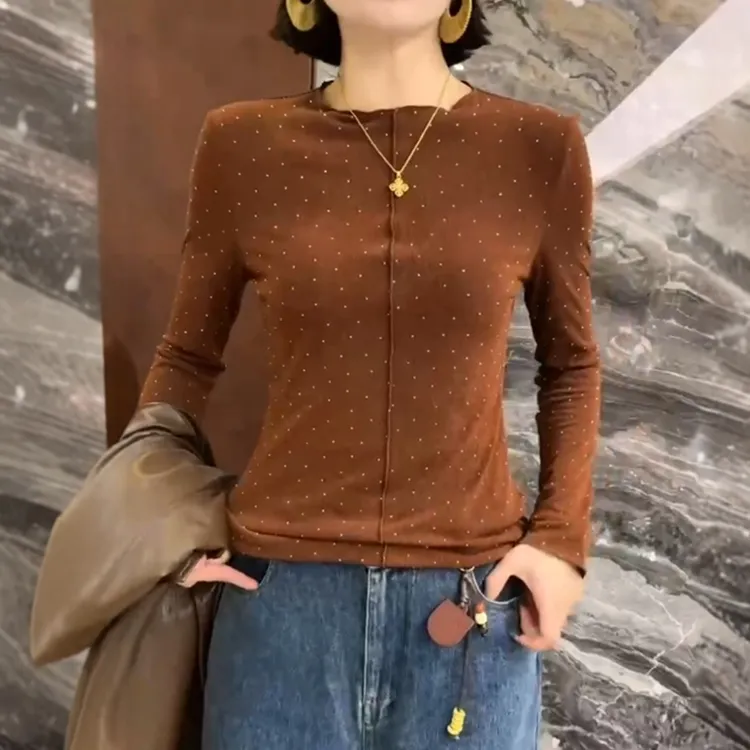 欧洲站亮丝满天星烫钻韩系漂亮小上衣早秋穿搭绝美巨好看长袖T恤