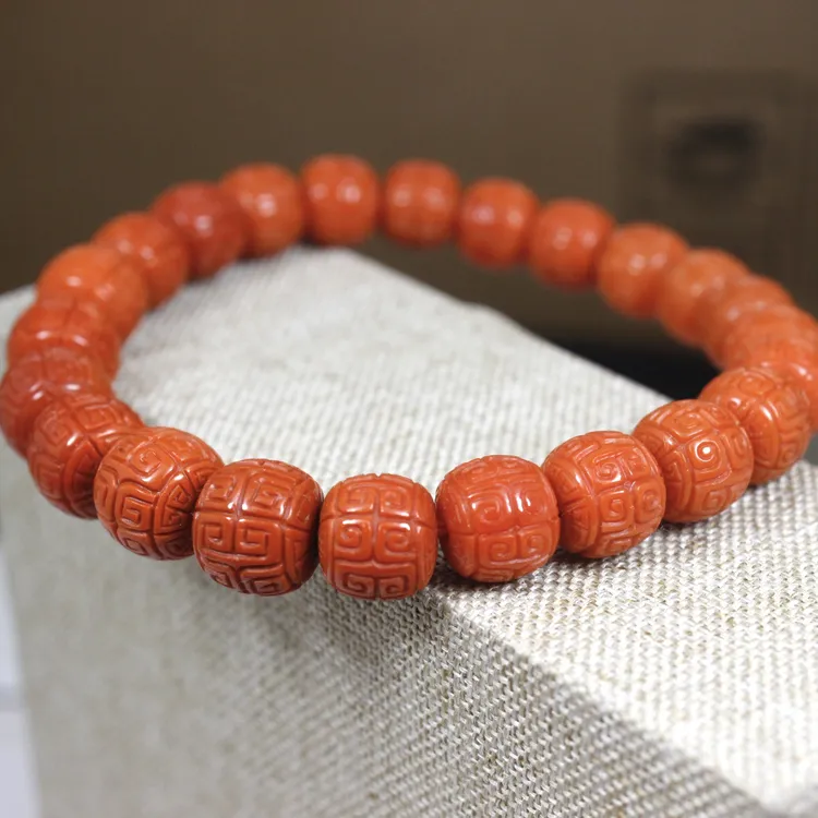 天然原矿南红玛瑙雕刻回纹珠博古纹老型珠桶珠圆珠手串满肉柿子红