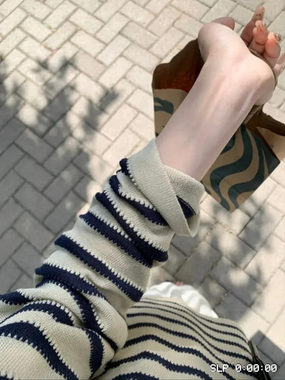 薄款镂空条纹长袖针织女上衣宽松慵懒风防晒透气罩衫夏季美式t恤