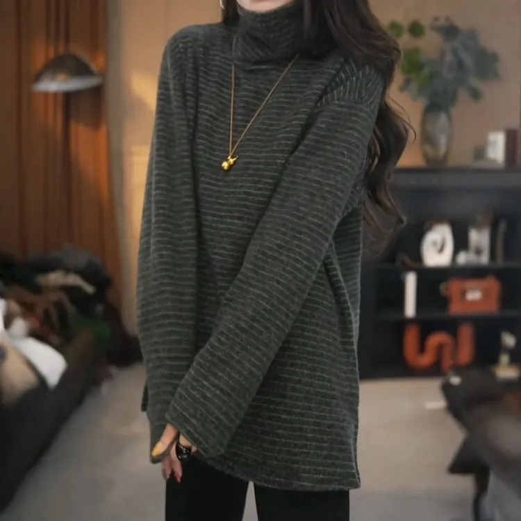 欧版时尚不规则高领慵懒风条纹打底衫女秋冬新款显瘦宽松百搭上衣