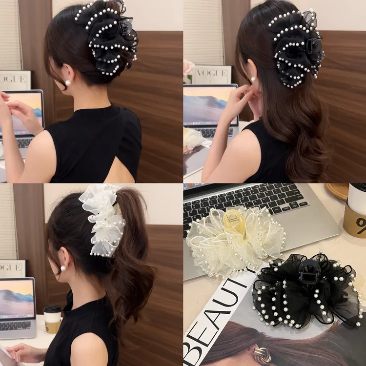 气质网纱珠珠抓夹百搭高级感日常发卡后脑勺鲨鱼夹子发饰女