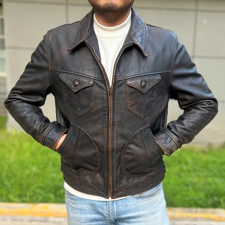 复刻农场主门多萨1.2mm牛皮真皮皮衣翻领机车夹克多兜外套男士