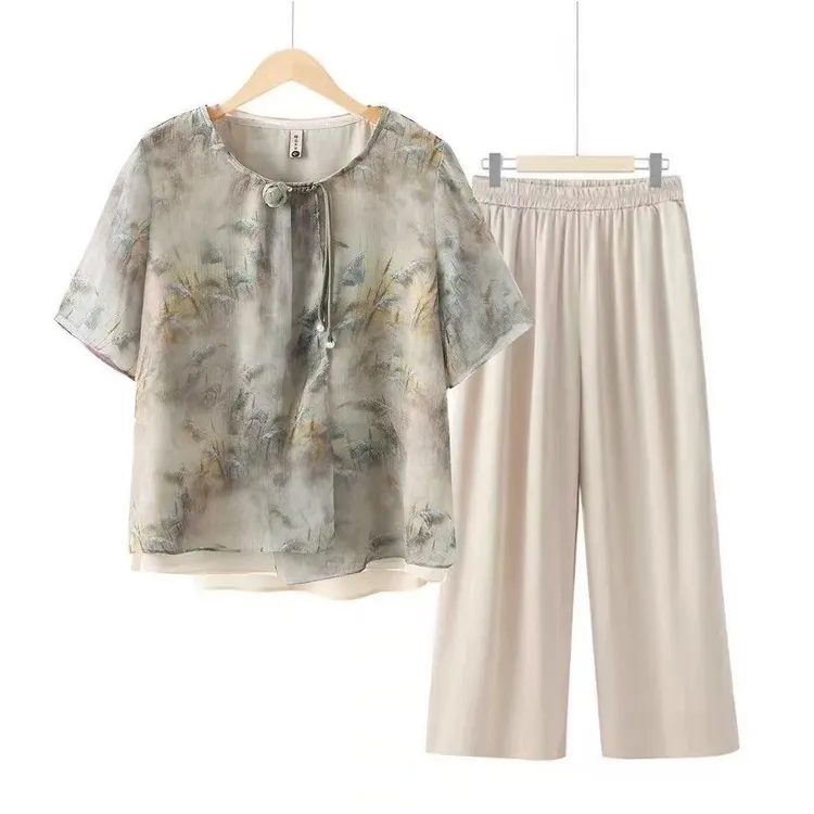 妈妈夏季新款雪纺套装中老年女装短袖高档碎花新中式T恤薄款套装