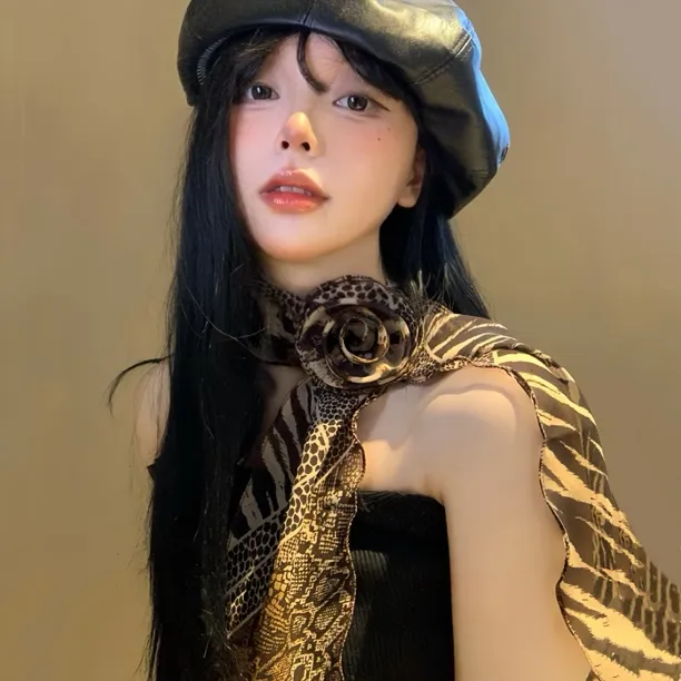 美式复古豹纹玫瑰花丝巾女小众千玺辣妹风脖子配饰y2k长条系脖潮