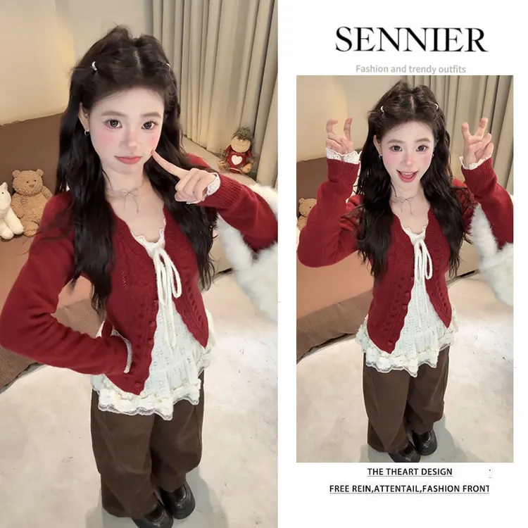 圣诞红色穿搭女2026新款百搭洋气开衫显瘦打底衫休闲阔腿裤三件套